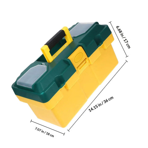 Rock Solid Portable Plastic Toolbox Organizer With Smart Compartments For Easy Carry And Outdoor Use, yellow and green, 14.15in x 6.68in.