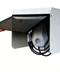 Heavy Duty EV Charger Cover Wall Mount Weatherproof Shield Rust Proof Metal Enclosure in use, with lid opened to reveal charger.