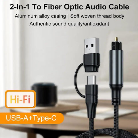USB A And Usb Type C To Optical Fiber Audio Cable Converter Plug And Go Toslink Digital Sound Adaptor in black braided design.