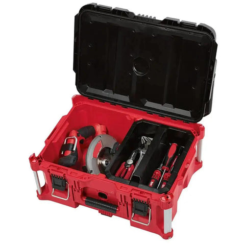 Heavy Duty Packout Tool Box For 22 Inch Modular Storage System With Organizer Tray And Metal Reinforced Corners Polymer Construction Compatible With 48-22-8425 Stackable Durable Carry Handle Designed For Tough Jobs, open with tools inside