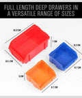 Dimensions of red, blue, and orange bins for 30 Bin Wall Mounted Storage Rack System For Heavy Duty Garage Organization.