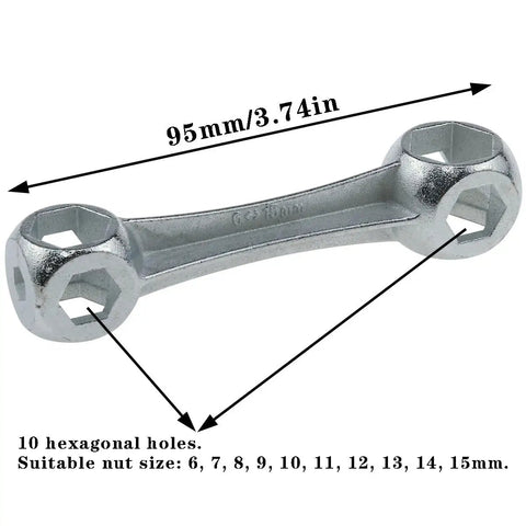 Bone Shaped Hex Key Wrench 6 To 15mm For Bicycle Repair Durable Zinc Alloy Mountain Bike Tool with measurements visible