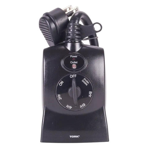 Make Your Porch Lights Run Smooth With This Beefy Outdoor Plug In Timer Using Natural Light Sensors For Auto Day Night Cycling Zero Headache Landscape And Holiday Setup 15 Amp, black outdoor timer with dial and two sockets.