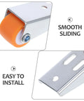 Close-up of smooth orange roller wheel on metal bracket from Buttery Smooth Wooden Door Roller Guide Kit Heavy Duty Glide Hardware.
