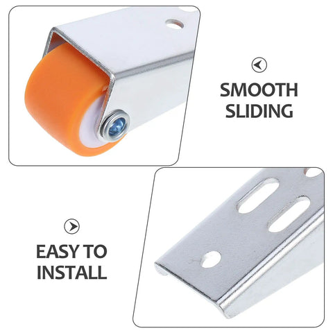 Close-up of smooth orange roller wheel on metal bracket from Buttery Smooth Wooden Door Roller Guide Kit Heavy Duty Glide Hardware.