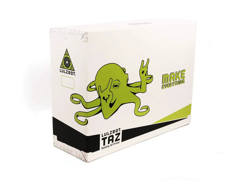 TAZ Workhorse Pro 3D Printer With Premium E3D Hot End And Belt Driven Z Axis For Fast Cycle Times Plus Smart Backlash Compensation box design featuring green octopus logo.