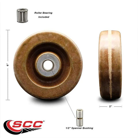 Heavy Duty Caster Wheel Built Like A Tank For Rough Jobs Rolls Large Loads Without Breaking A Sweat features 6" diameter and 2" width phenolic resin.