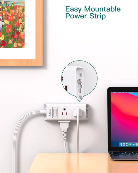 Slim Flat Plug Extension Cord With Six Outlets And Right Angle Design Gonna Save You Serious Space Behind Sofas Beds Or Fridges Perfect For Dorms Tiny Spots Keeps Your Gear Running Butter Smooth All Day Long, mounted on wall next to a laptop.