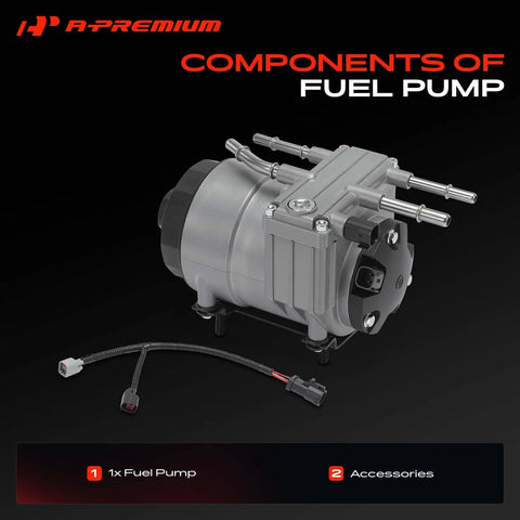 Top Tier Fuel Pump And Filter Assembly For Ford 6.0L Power Stroke Diesel shown with connectors and accessories, view from side.