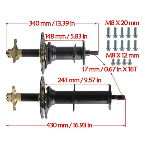 Powerful 48V 1000W Brushless DC Differential Motor Kit with 30 inch rear axle drive shaft and detailed component measurements.