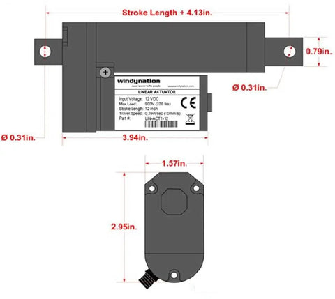 Two Piece Heavy Duty 12 Volt Linear Actuators With 225 Pound Push Pull Capacity Plus Ac To Dc Power Supply dimensions and specs.