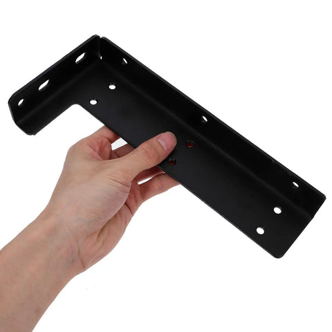 Hand holding part of Heavy Duty Floating Shelf Brackets Wall Mount Set, 2 Pack, Easy Invisible Installation, sleek black design