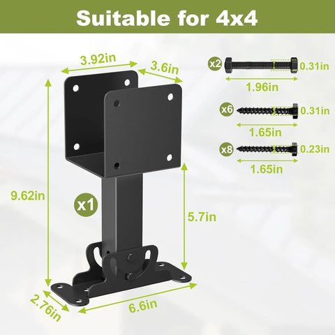 Heavy Duty Roof Riser Brackets Built Bombproof With Zero Flex Adjustable Pergola Beam Mounts for Decks Gazebos and Patio Covers, dimensions and parts listed.