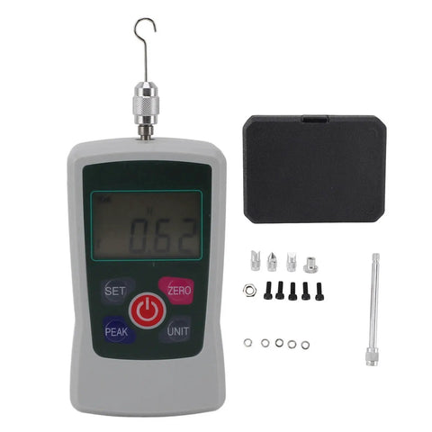 Digital Force Gauge Handheld Push Pull Tester Meter with display and accessories for quality control tasks.