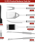15 Piece Grill Set With Carrying Case Stainless Steel BBQ Tools Kit Includes 4 In 1 Spatula, Meat Fork, Tongs, Brush, Corn Holders.
