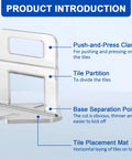 Pro Grade Tile Leveling System With 1000 Clips detailed diagram showing push-and-press clamp, tile partition, and base points.