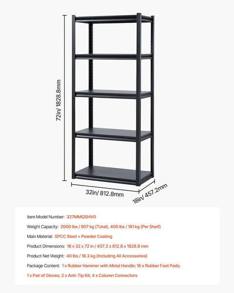Heavy Duty Garage Storage Shelves 2000 Lb Weight Capacity 5 Tier Adjustable Utility Rack Shelf For Basement Warehouse And Workshop Rust Resistant Steel Frame In Black, 72in tall, 32in wide, 18in deep.