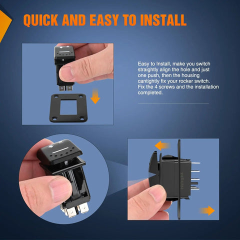 No Nonsense Reverse Polarity Switch 20A 12V 7 Pin Momentary On Off On Rocker Toggle Controller shown during installation steps.