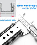53mm wide heavy-duty drawer slides with measurements shown, One Pair 28 Inch Heavy Duty Drawer Slides With Lock And 250 Lb Load Capacity Full Extension Side Mount Ball Bearing Drawer Rails Built Like A Tank Rock Solid.