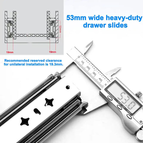 53mm wide heavy-duty drawer slides with measurements shown, One Pair 28 Inch Heavy Duty Drawer Slides With Lock And 250 Lb Load Capacity Full Extension Side Mount Ball Bearing Drawer Rails Built Like A Tank Rock Solid.