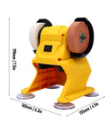 Go Anywhere Cordless Mini Bench Grinder Powerhouse with dual 70mm wheels, 190mm tall, yellow base for tool sharpening and polishing.