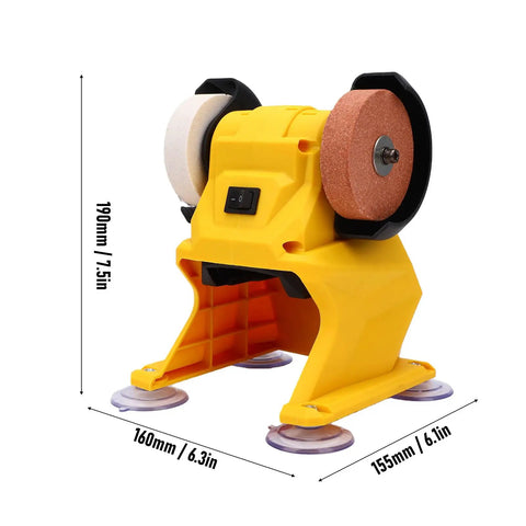 Go Anywhere Cordless Mini Bench Grinder Powerhouse with dual 70mm wheels, 190mm tall, yellow base for tool sharpening and polishing.