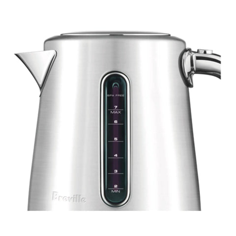 A close-up of a Smart Kettle Luxe 7-Cup Water Heater in brushed stainless steel featuring a water level indicator.