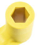 Close-up of Lightweight Polymer Propeller Nut Wrench for One And One Sixteenth Inch Nuts, yellow plastic, hexagonal end