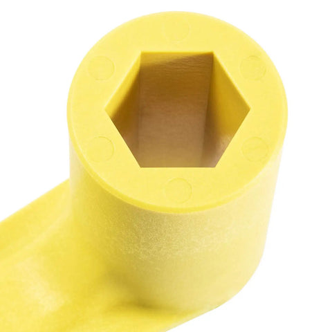 Close-up of Lightweight Polymer Propeller Nut Wrench for One And One Sixteenth Inch Nuts, yellow plastic, hexagonal end