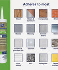 Clear Silicone Gutter Caulk 10.1 Oz product next to materials it adheres to, like wood, metals, composites, brick, and more.