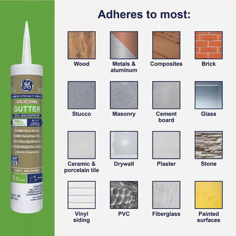 Clear Silicone Gutter Caulk 10.1 Oz product next to materials it adheres to, like wood, metals, composites, brick, and more.
