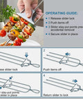 Three Prong Stainless Steel Grilling Skewers With Push Off Slider 14.7 Inch Reusable Metal Kabob Skewers Two Pack With Storage Bag For Meat Vegetables Chicken Outdoor Grill Accessories shown in use with instructions