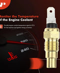 Close-up of brass automotive engine coolant temperature sensor with threaded body and blade-style terminal.