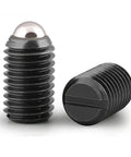 Rock Solid Spring Ball Plungers And Flat Head Screws Built Tough With Rust Resistant Stainless Steel That Takes Heavy Loading Daily And Never Lets You Down Includes M4 To M12 Sizes In A Job Site Ready Thirty Piece Kit close-up of spring ball plunger and flat head screw in black finish