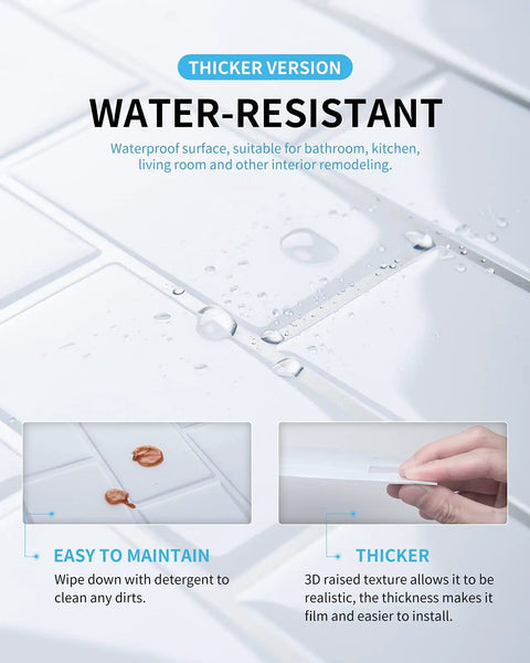 Thicker Version Peel And Stick Subway Tile Backsplash showing water-resistant surface and easy installation demonstration