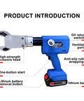 Electric Hydraulic Cable Cutter With Dual Batteries, showing high-strength scissors head, lithium battery, and features.