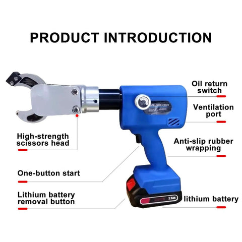 Pro Grade Electric Hydraulic Cable Cutter Kit with labeled features, including scissors head and lithium battery