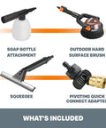 Deluxe Accessory Kit For Hydroshot Power Washers With Rotary Brush Squeegee Soap Dispenser For Scrubbing Under Vehicles And Tough Cleaning Jobs Without Breaking A Sweat, showing soap bottle, outdoor brush, squeegee, pivot adapter.