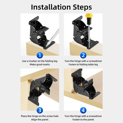 Installation steps for Rock Solid Folding Brackets 8 Pack Heavy Duty Self Locking Hinges With Screws Built Tough in matte black.