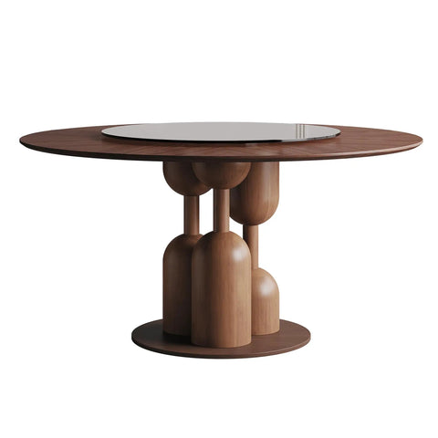 High Grade Oak Wabi Sabi Round Dining Table With 35 Inch Tempered Glass Lazy Susan And Walnut Detail, showcasing wooden construction and elegant design.