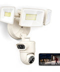 Dual Lens 360 Auto Tracking Security Floodlight Camera with bright LED lights monitoring outdoor area.