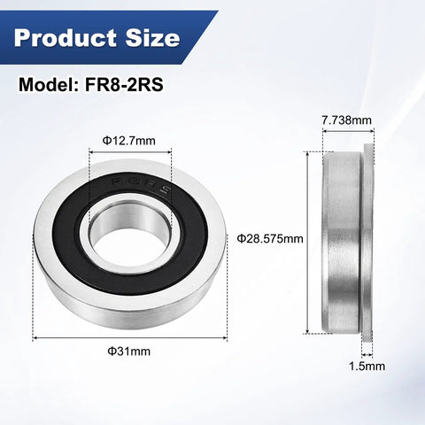 4 Pack Heavy Duty Flanged Ball Bearings Featuring FR8 2RS Specs And Dual Rubber Seals With Rock Solid Chrome Steel Construction For Wheelbarrows And Home Workshops - Detailed product size image displaying dimensions.
