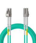 Built Tough Om3 Fiber Patch Cable LC To LC Duplex One Meter Aqua Lszh Jacket For Sfp Transceivers with grey connectors.