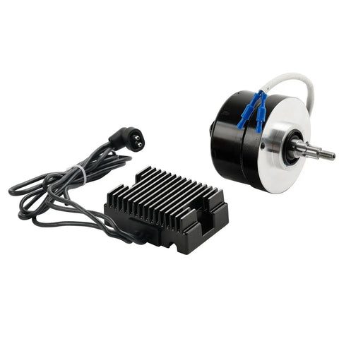 Reliable Heavy Duty Alternator Regulator Direct Swap Kit For Vintage Harley Sportster XL 1965 Through 1983 And FL 1941 Through 1969, includes compact black alternator and heat sink.