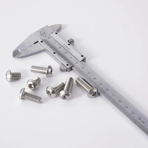 Heavy Duty M8 Button Head Socket Cap Screw Assortment Kit With 304 Stainless Steel Fully Threaded Metric bolts measured with caliper.