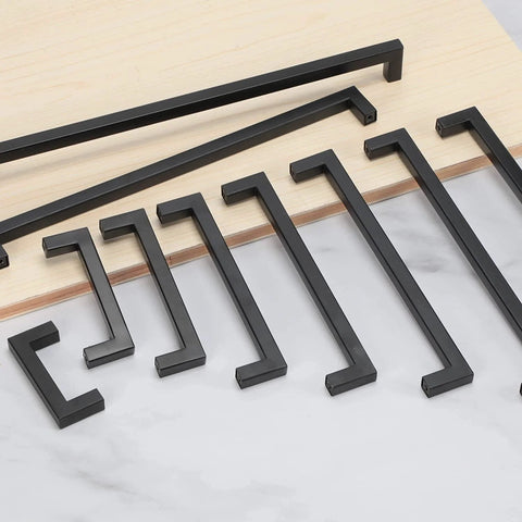 Matte Black Cabinet Handles Square Drawer Pulls 2 Pack, 396 Mm Total Length, 12 Mm Width, 35 Mm Height, Stainless Steel Kitchen Cupboard Door Pulls, 384 Mm Hole Centers, Durable Drawer Hardware For Cabinets arranged on a surface.