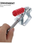 Close-up of a Four Piece Push Pull Toggle Clamps Set For Woodworking And Metal Workholding, showing red handle and metal body.