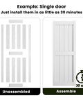 Rock Solid Double Sliding Barn Door 30 By 84 Inches White Primed MDF and PVC shown unassembled and assembled side by side.
