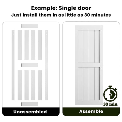 Rock Solid Double Sliding Barn Door 30 By 84 Inches White Primed MDF and PVC shown unassembled and assembled side by side.