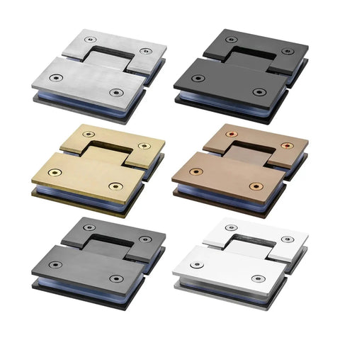 Beast Mode 180 Degree Hella Heavy Duty Shower Screen Hinges in various metal finishes for bathroom door replacement.